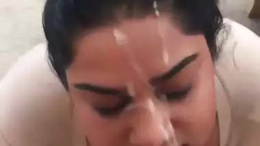 Big boob babe takes thick Indian cum in mouth